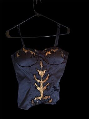 Black Satin Corset Dress with Gold Embroidered Detail